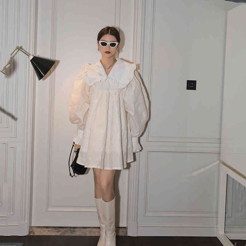 LANMREM autumn Peter pan collar a-line above-knee length street wear lovely Princess style long sleeve white dress 2A534 210409