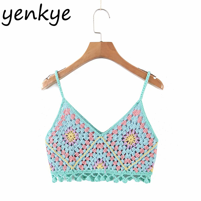 Vintage Ethnic Crochet Cami Top Women V Neck Sleeveless Sexy Tops Ladies Holiday Summer Boho ropa mujer 210430