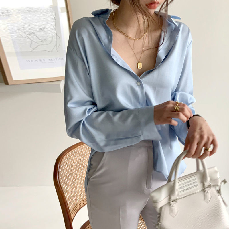 Wonder Elegant Stain Turn-down Collar Shirts OL Style Long Sleeve Single-breasted Female Blouse Top Korean Spring Blusas 210510