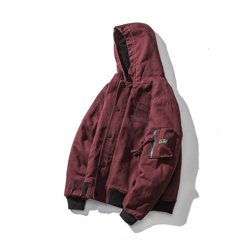Men Winter Thicken Streetwear Casual Hooded Jacket Coat Men Outwear Embroidery Japanese Style Cargo Jackets Red Male 210603