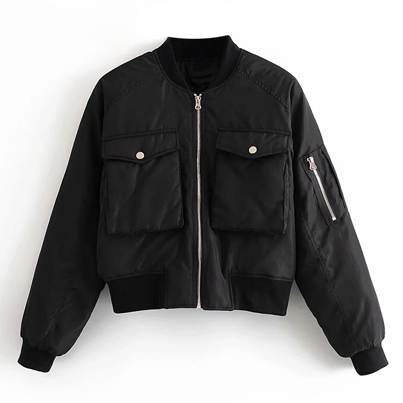 Fashion Padded Bomber Jacket Women Streetwear Long Sleeve Zipper Warm Coat Autumn Winter Casual Pockets Outerwear 210414