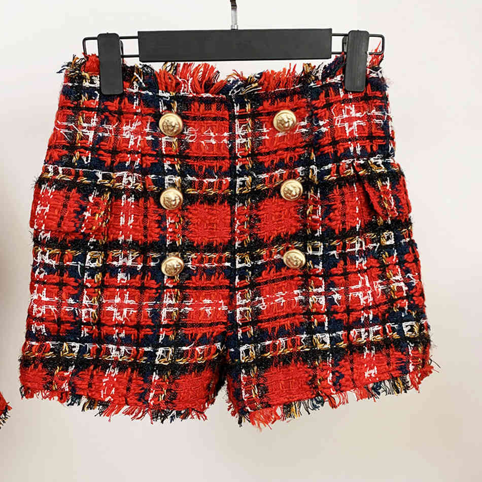 Free Women Red Plaid Blazer Set Lapel Long Sleeve Slim Jacket & High Waist Shorts Two-piece Elegant 210524
