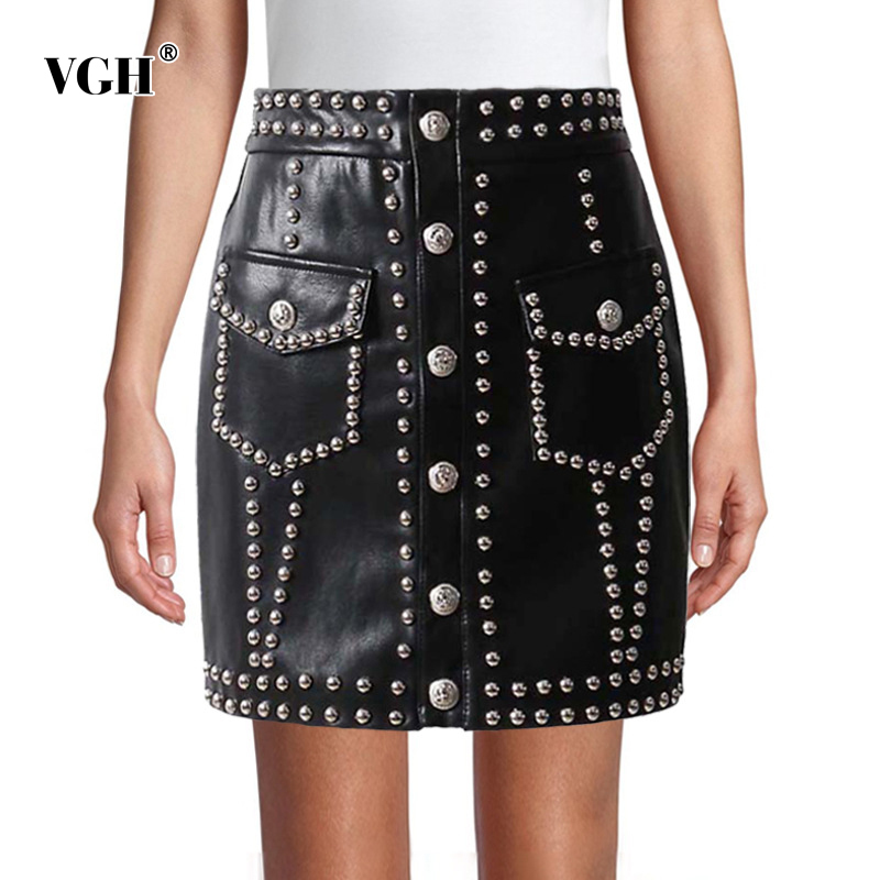 VGH Streetwear Patchwork Button Leather Skirt For Women High Waist Black Punk Style Skirts Female Fashion Clothing Summer 210421