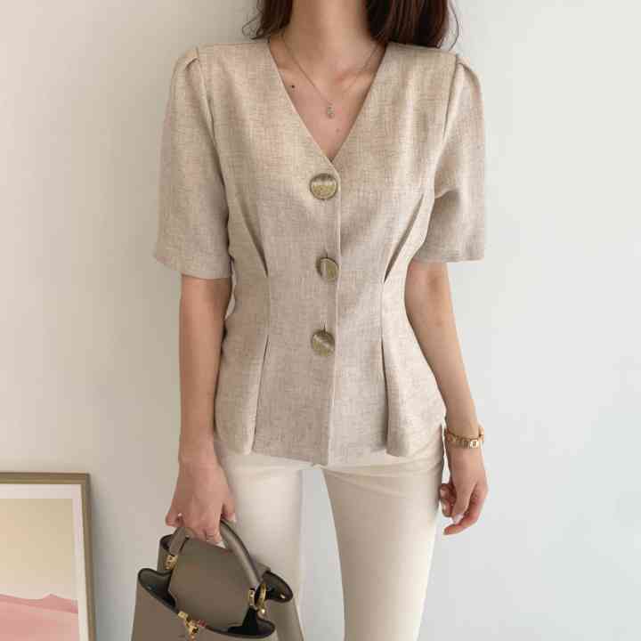 Summer Korean Temperament Solid Shirt For Women V Neck Short Sleeve Minimalist Casual Female Shirts Fashionable Clothing 210515