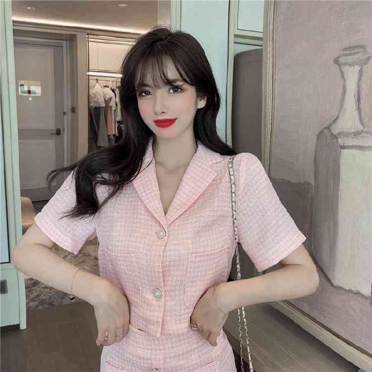 Summer Two piece Sets Vintage Women Sweet Pink Tweed Short Sleeve Crop Top + Mini A-Line Skirt Outfits Female 210519