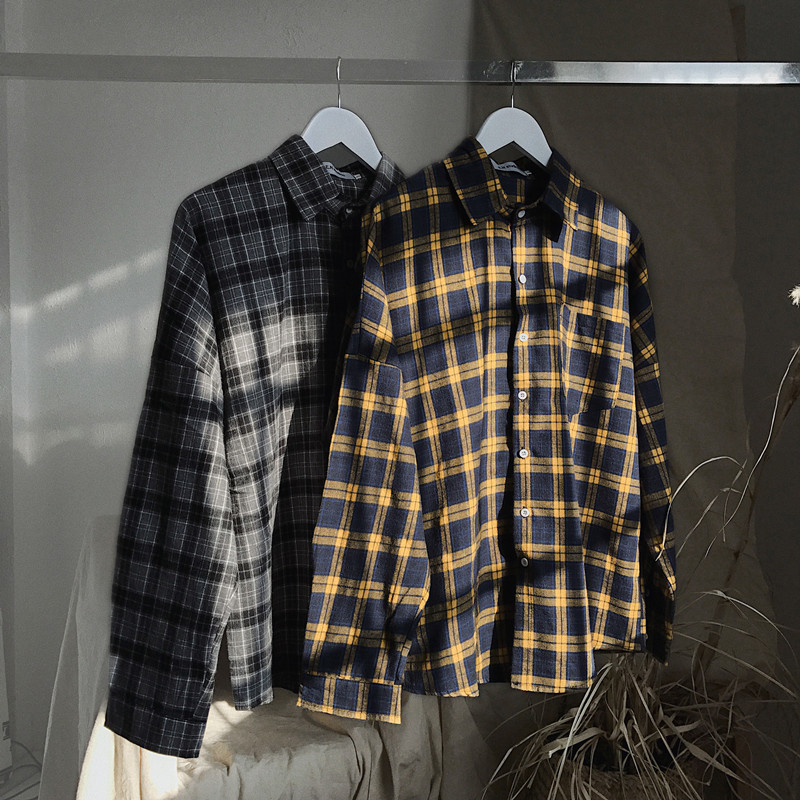 Stylish Men's Plaid Long Sleeve Slim Shirt Casual Black/Yellow French Cuff