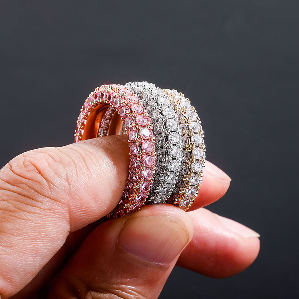 New In Charm 3 Row CZ Eternity Gold Ring With Side Stone Bling Iced Full Micro Pave Cubic Zirconia Hip Hop Punk Rock Rapper Wolf Tide Jewelry Gifts Fo