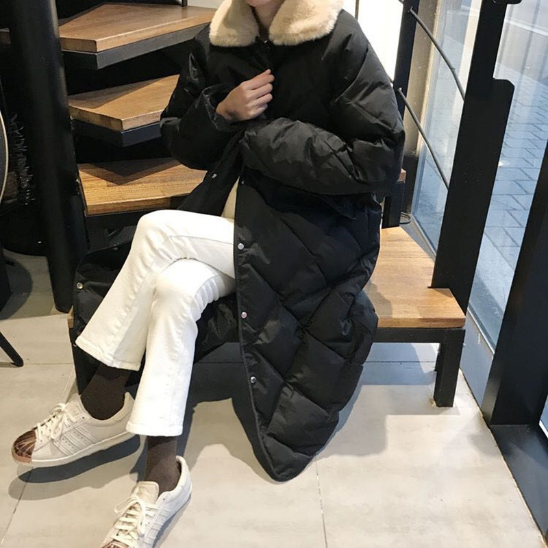 OL Faux Fur Collar Long Coat Winter Jacket Thick Warm Women Parkas Classic Elegant Solid Single-breasted Parka 210421