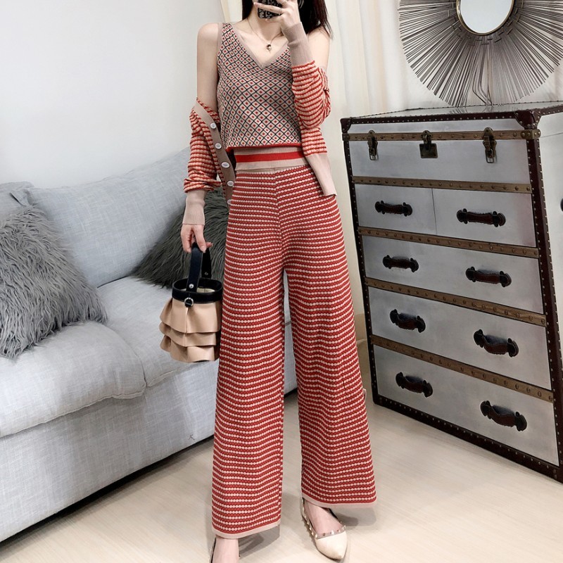 fashion Colour Striped Cardigan Jacket + Suspender Vest Side Slit Skinny Broad-legged Pants Women Spring Autumn Outfit 210429