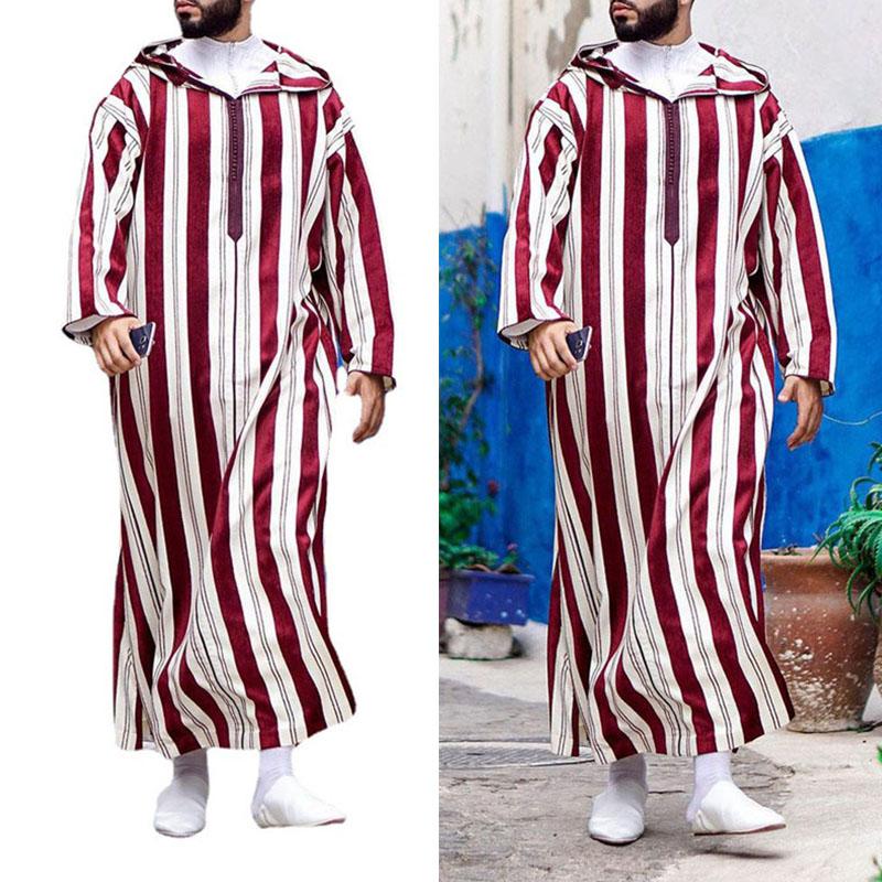 Ethnic Clothing Muslim Fashion Men Jubba Thobe Hoodie Abaya Ramadan Spring Autumn Dubai Turkey Islamic Male Casual Loose Red Stripe