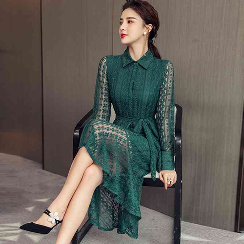 Spring Elegant Women Vintage Lace Long Sleeve Dresses High Waist Casual Slim Green Trumpet Mermaid Vestidos 210520