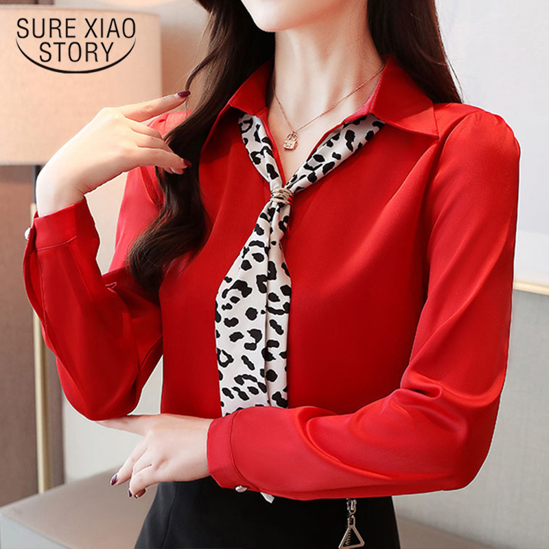 Blusas Mujer De Moda Spring Long Sleeve Chiffon Spliced Leopard V-Neck White Blouse Women Solid Shirts Ladies Tops 8354 50 210510