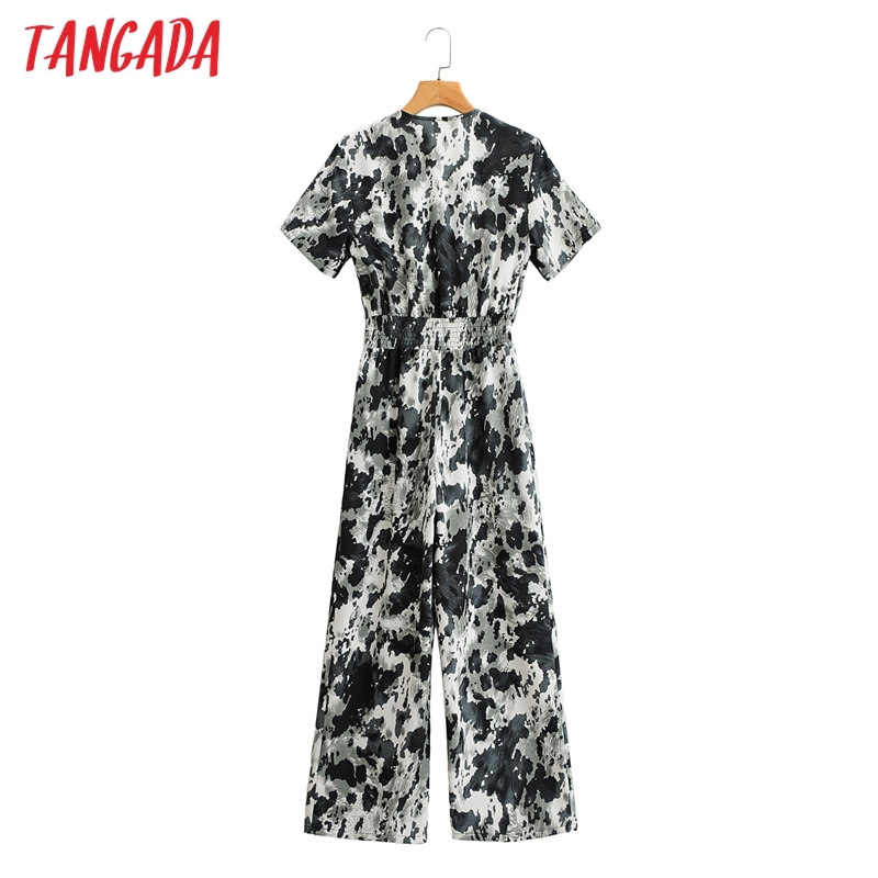 Women Tie Dye Print Chiffon Summer Short Sleeve with Slash Female Casual Jumpsuit 1F101 210416