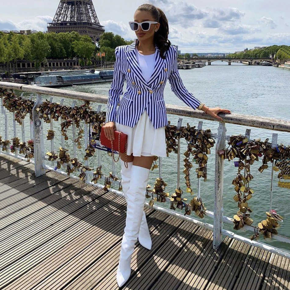 Summer High Quality Long Sleeves Classic Stripe Fitted Suit Double Breasted Metal Lion Head Buckle Blazer 210525