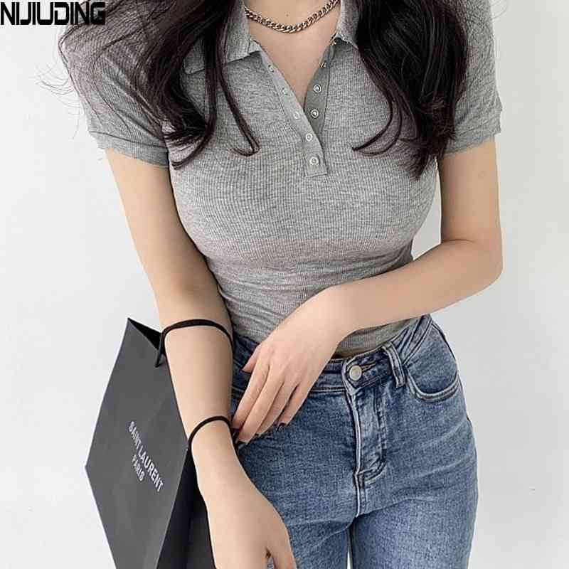 Women Summer Polo Shirts Office Ladies Short Sleeve Solid Turn Down Collar Button Elastic Top Female 100% Cotton Bottoming Shirt 210514
