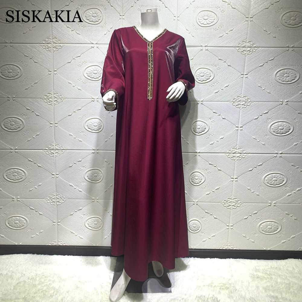 Siskakia Jalabiya Long Sleeve Maxi Dress for Women Fall Dubai Abaya Fashion Diamond Ribbon V Neck Muslim Arabic Robe 210630