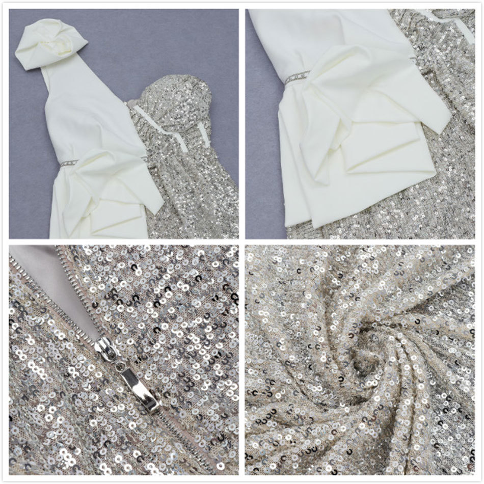 Free Silver One Shoulder Sequin Dress Women Sexy Bodycon Draped Long Club Celebrity Party Vestidos 210524