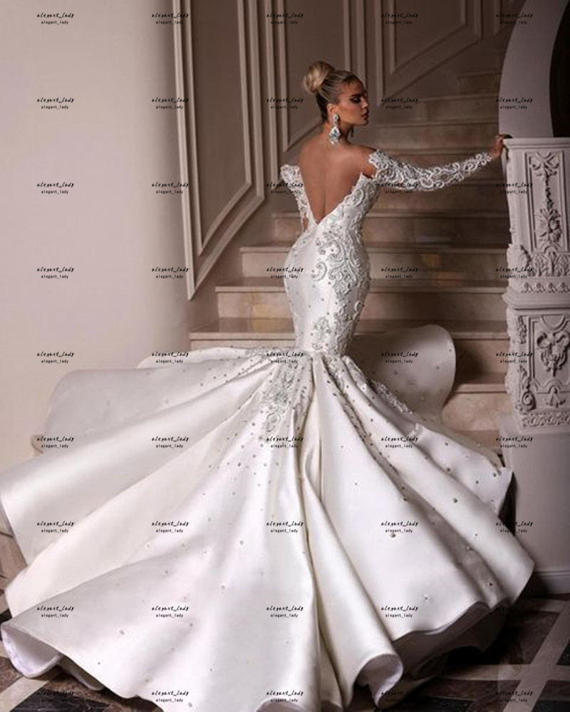 Off Shoulder Long Sleeve Wedding Dresses 2022 robe de mariage princesse luxe Mermaid Fishtail Floral Lace Backless Bridal Gown