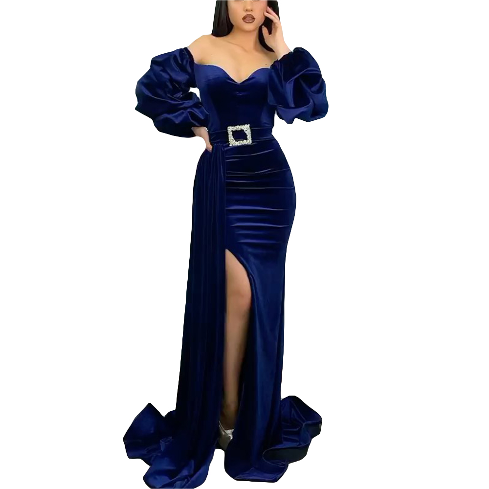 Sexy Off Shoulder Mermaid Evening Dresses Velvet Full Sleeve Side Split Formal Prom Pageant Gowns robe de soiree