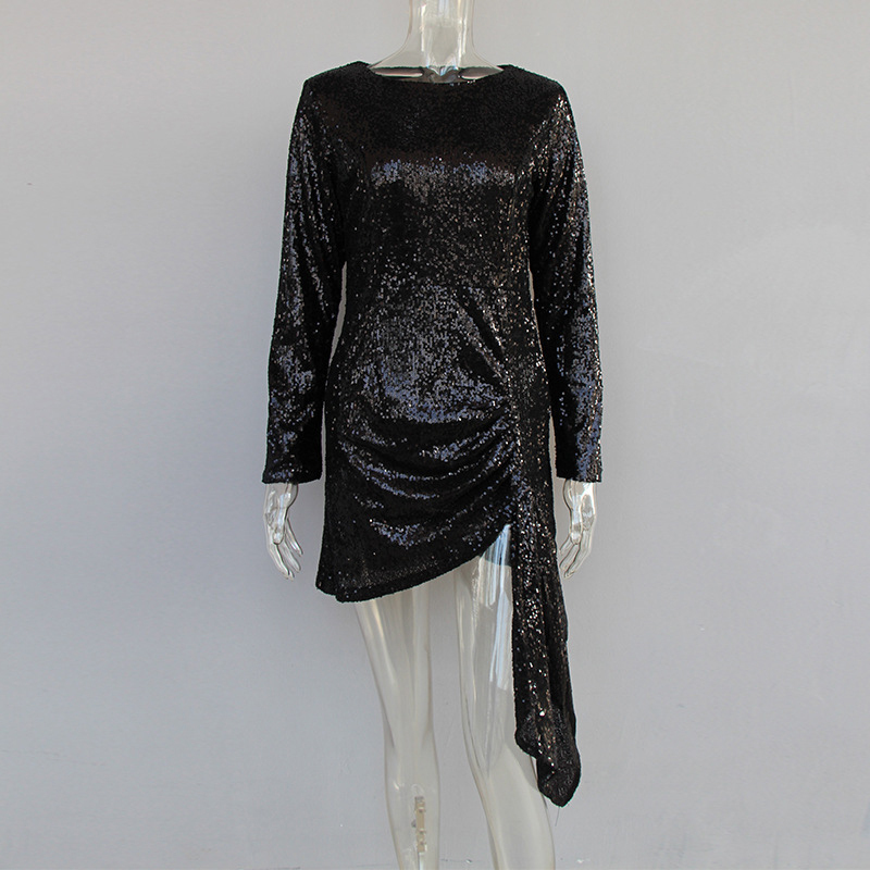 Black Patchwork Sequin Dress For Women O Neck Long Sleeve High Waist Irregular Hem Mini Dresses Female Fashion 210520