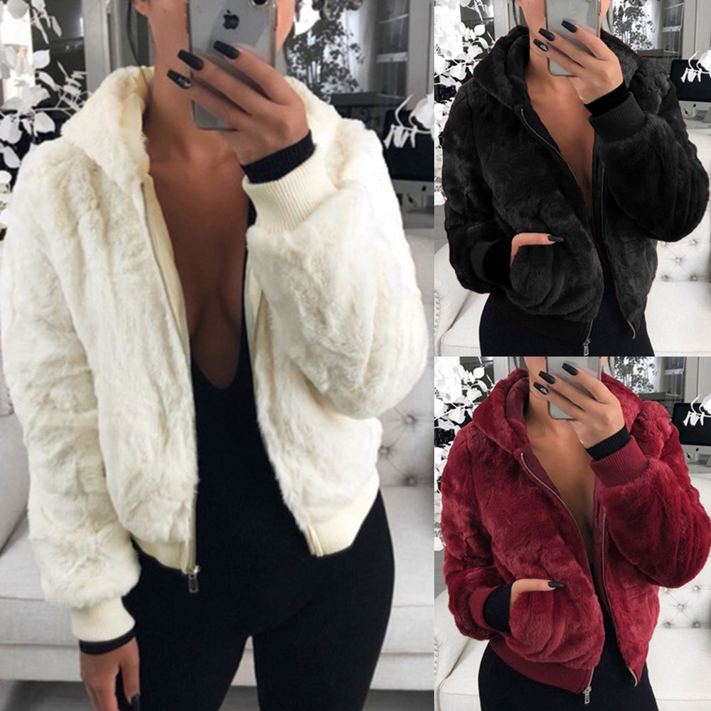 Faux Fur Coat Winter Hooded Cropped s and Jackets Teddy Fluffy Fleece Warm Outwear Clothing 210428