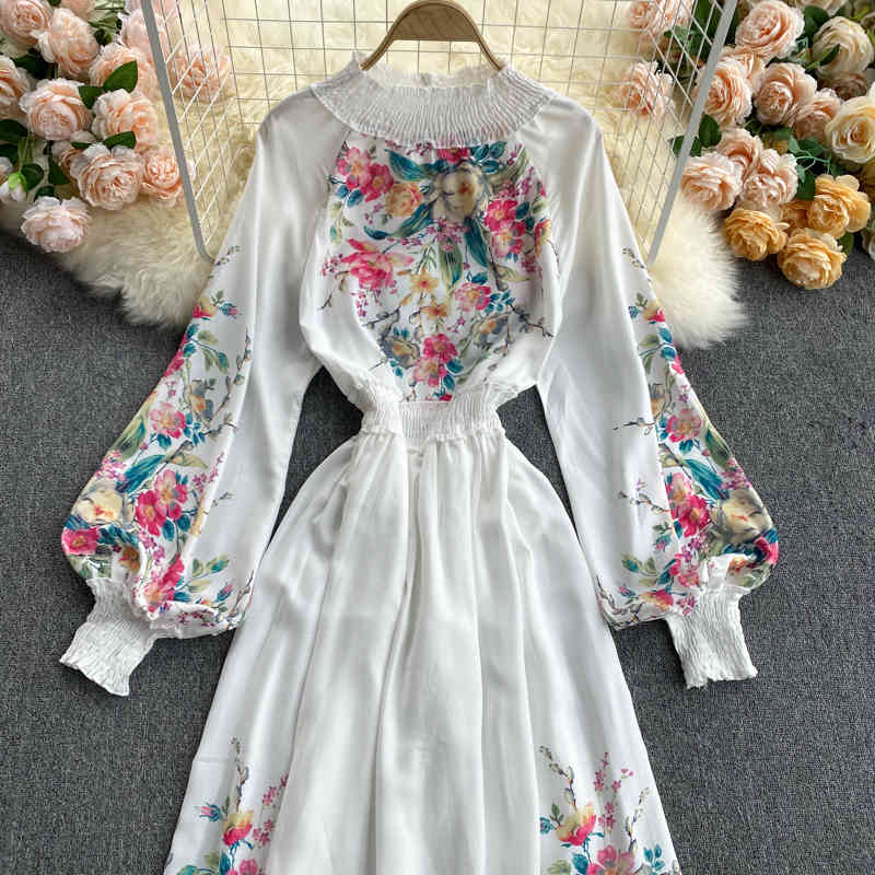 LoveFlowerLife Spring Autumn Vintage A Line Slim Print Dress Puff Sleeve O Neck Mid Calf High Waist Women Party Dresses 210521