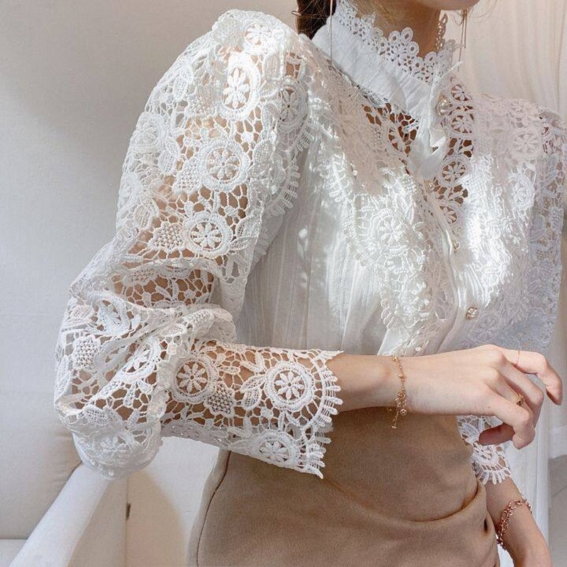 Women Elegant Lace Trim Shirts Hollow Out Loose Casual Victorian Blouses Long Sleeve Button Down Tops