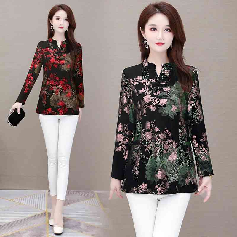 Chinese Style Cheongsam Button Autumn Bronzing Vintage Fashion Long Sleeve Bottoming Shirt Middle-aged Women 605G 210420