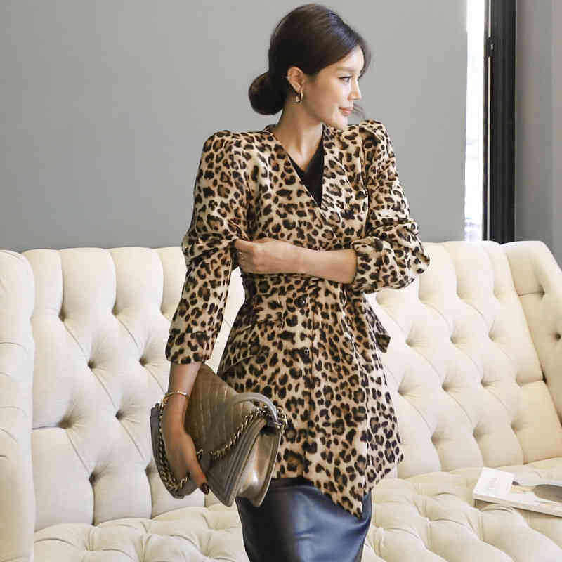 Women Leopard Print Jacket Faux V-neck temperament Loose Medium Coat Casual Outerwear Top Winter 210506