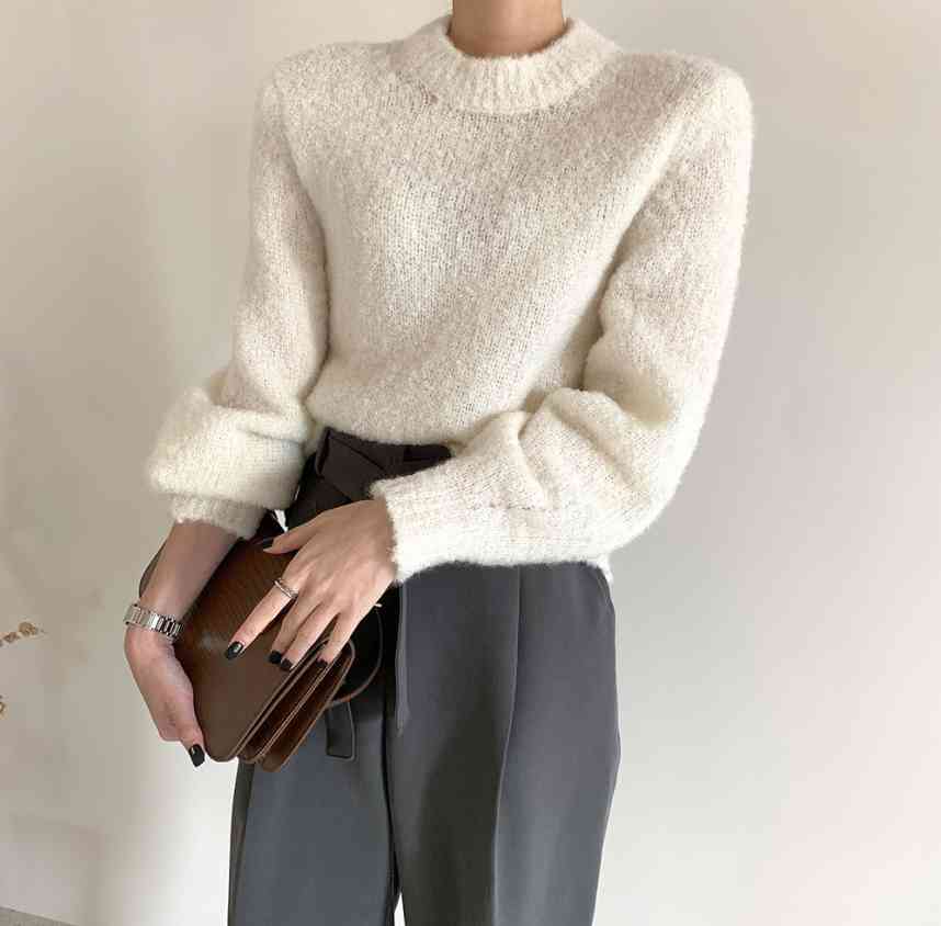 Autumn Winter Elegant Soft Warm Sweater OL Vintage Solid Pullovers Long Sleeve Loose Knitted Sweaters Woman Clothes 210421