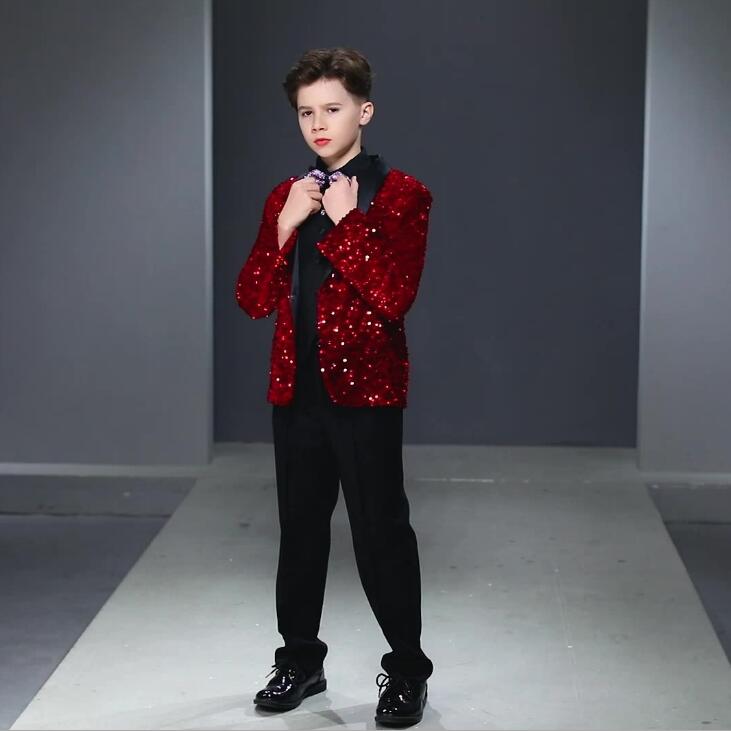 Fashion Ring Bearer Boy's Formal Wear Tuxedos Shawl Lapel One Button Children Attire For Wedding Party Kids Suit Set Sparkling Sequins Jacket +Bl