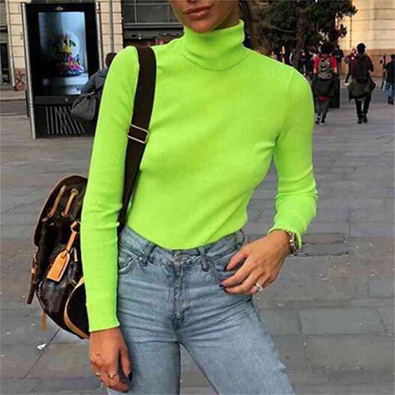 Solid Color Harajuku Turtleneck Cotton T Neon Yellow Green Knitted Crop Long Sleeve Korean Style Top Tee Shirt Haut Femme 210406