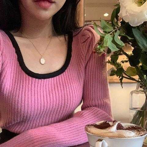 Neploe Women Sweaters Puff Long Sleeve Striped Knit Tops Autumn Winter Korean Cropped Sweater Fashion Y2K Pullovers Clothes 211011Z