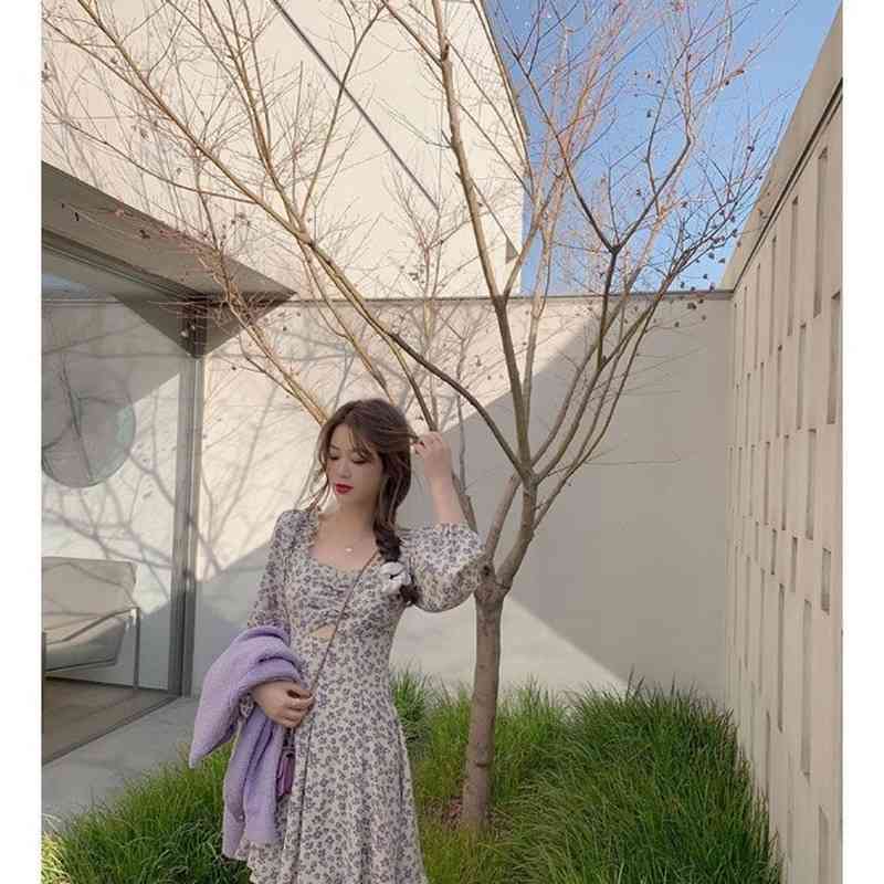 Summer Sweet Floral Mini Dress Women Long Sleeve Elegant Dress Kawaii Hollow Out Beach Party Dress Korean Style Office Lady 210521