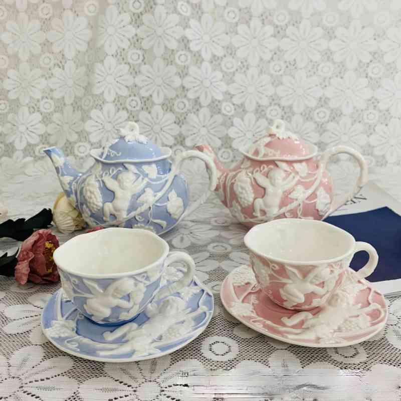 

European Style Cup Saucer Luxurious Embossed Lovely Ceramic Afternoon Tea Teapot Simple High-end Coffee Set