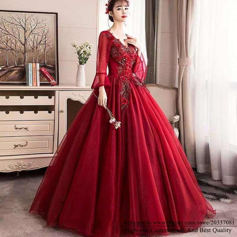 Quinceanera Dresses 2021 Wine Red 3/4 Long Sleeve Princess Party Prom Formal V-Neck Appliques Organza Ball Gown Lace Up Vestidos De 15 Anos Q04