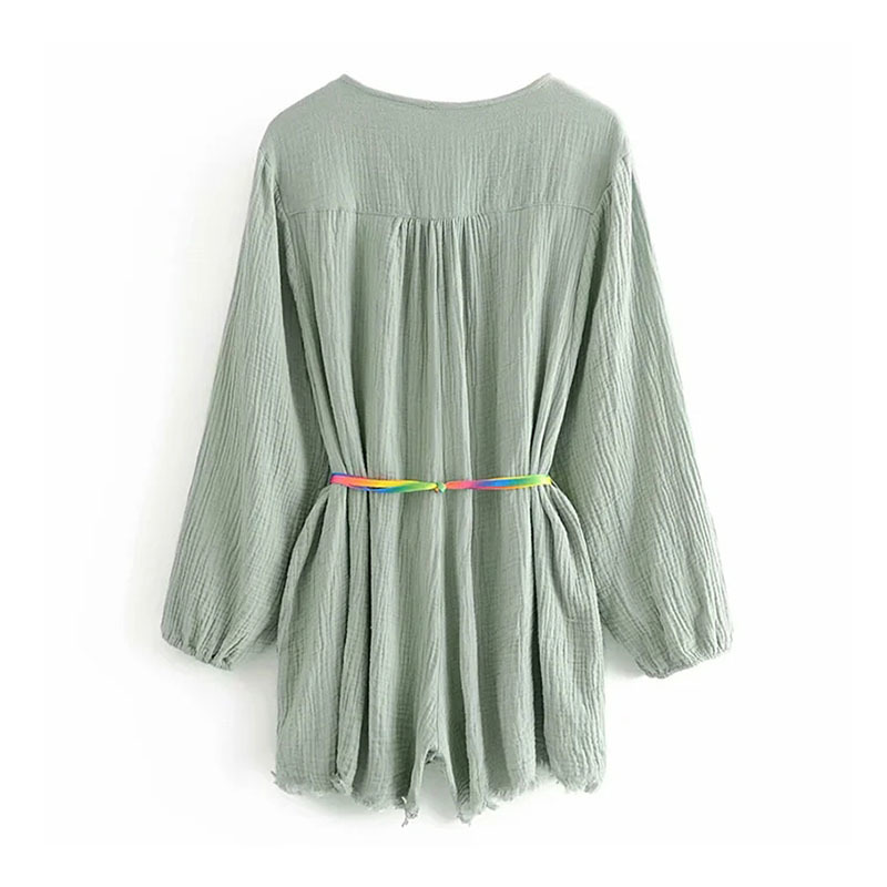 Women Chic V Neck Cotton Bodysuit With Belt Long Sleeve Solid Holiday Jumpsuit Female Casual Romper Playsuit 210515