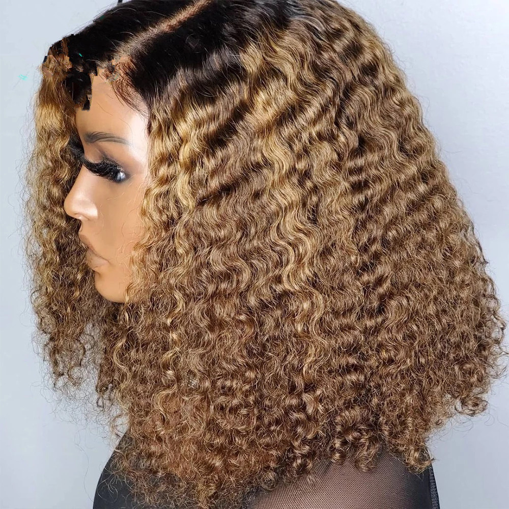Golden blonde ombre loose curly bob lace front human hair wigs pre plucked hd undetectable wig for sale 150% gorgeous natural scalp
