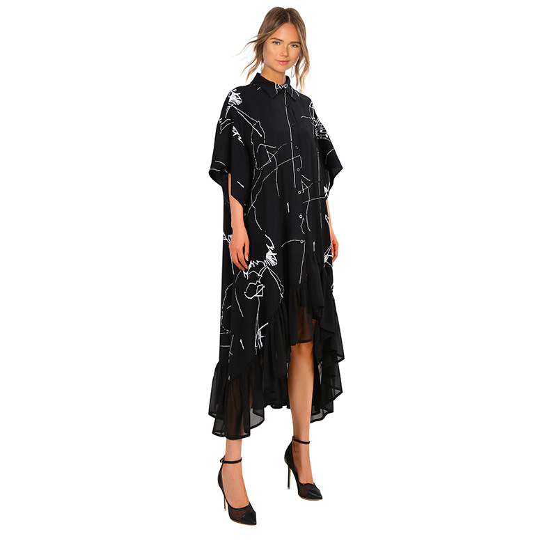 Unique Streetwear Style Woman Summer Plus Size Black Casual Shirt Dress Half Sleeve Ruffles Printed Ladies Dress Loose Robe 3751 210331