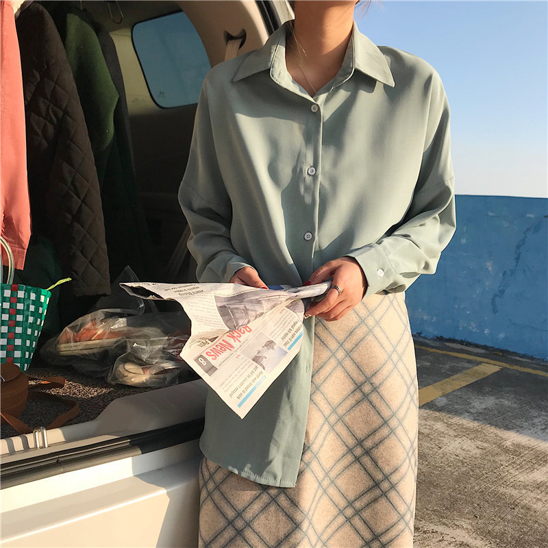 All-Match Solid Chic Casual Stylish Basic Gentle Loose Office Lady Vintage Shirts Full Sleeves High Quality Women 210421