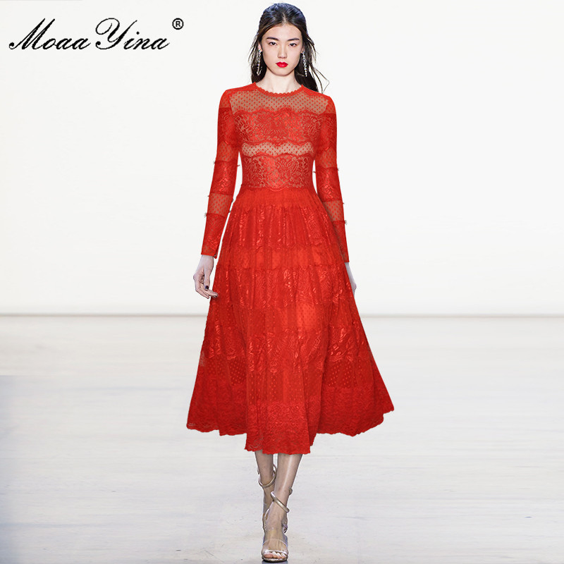 Fashion dress Spring Autumn Women Dress Long sleeve Lace Red Party Ball Gown Dresses 210524