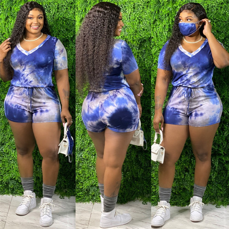 3XL 4XL 5XL Women tie dyed shorts Jumpsuits plus size Rompers short sleeve bodysuits Casual loose Overalls Summer clothes bigger sizes 4X 5X pants 478