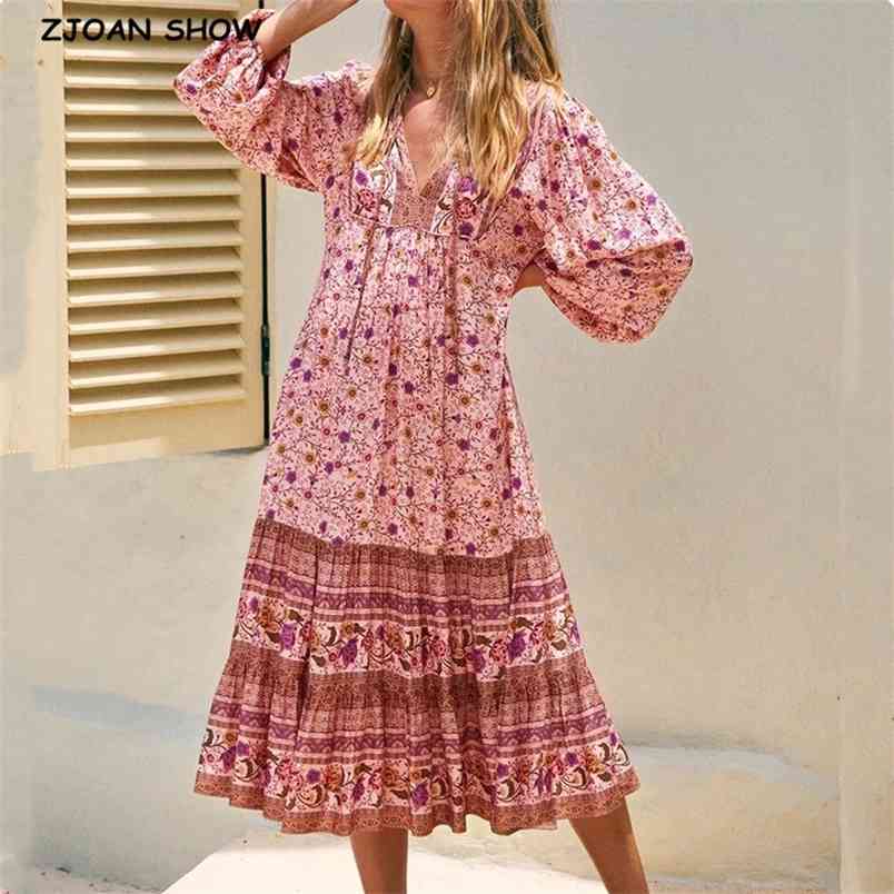 BOHO Lacing up V neck Pink Floral Print Long Sleeve Dress Holiday Women Spliced Pleated Hem Maxi Dresses Beach Vestido 210429