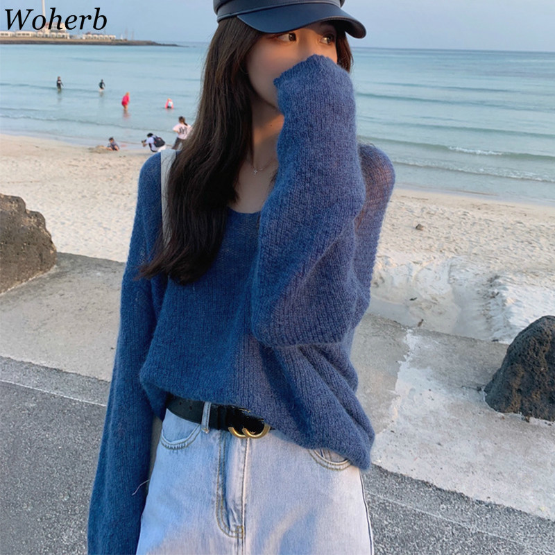 Chic Mohair Thin Hollow Out Tops Women Capes Pullover Vintage Summer Jumper Femme Korean Crop Knitwear 210422