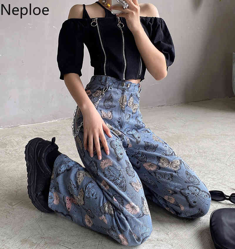 Neploe Jeans for Women Harajuku Butterfly Print Vintage Trousers Loose Straight Wide Leg Pants Streetwear Korean Pantalon 95292 210422