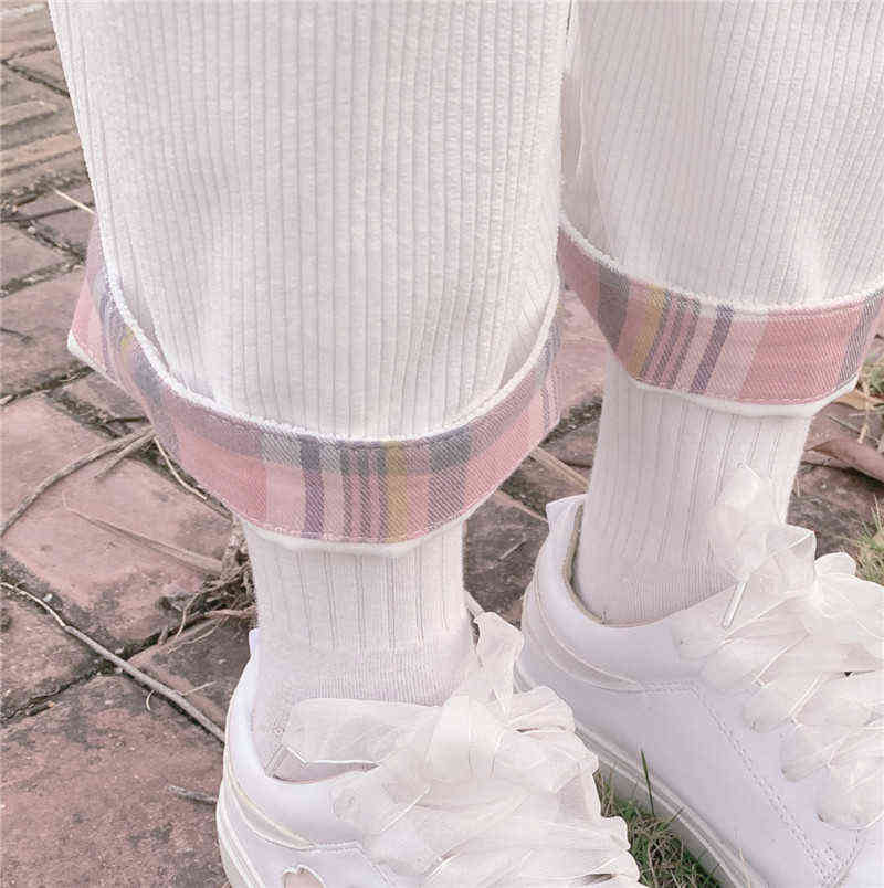 Japanese Harajuku Wild Cute Soft sister Casual Corduroy Kawaii Straight Pants Teen Girls Love Heart Patch Loose Students 211124