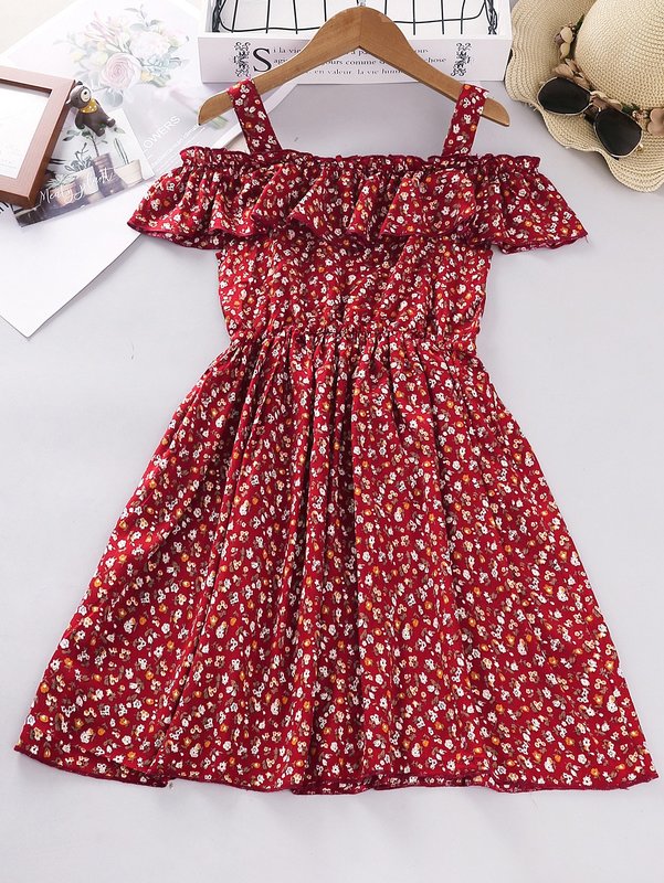 Girls Ditsy Floral Cold Shoulder Ruffle Trim Bow Front Dress SHE