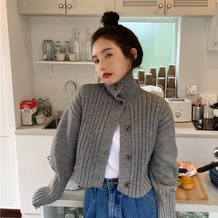 Nomikuma Short Knitwear Cardigan Autumn Winter Turtleneck Long Sleeve Sweater Coat Causal Solid Korean Knitted Jacket 6D231 210427