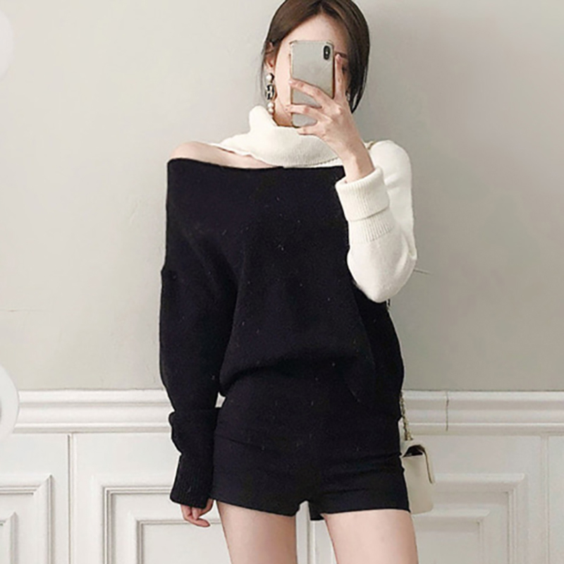 Women's Irregular Sweater Autumn Winter Contrast Color Turtleneck Pullovers Female Off Shoulder Loose Jumper Fashion 210506