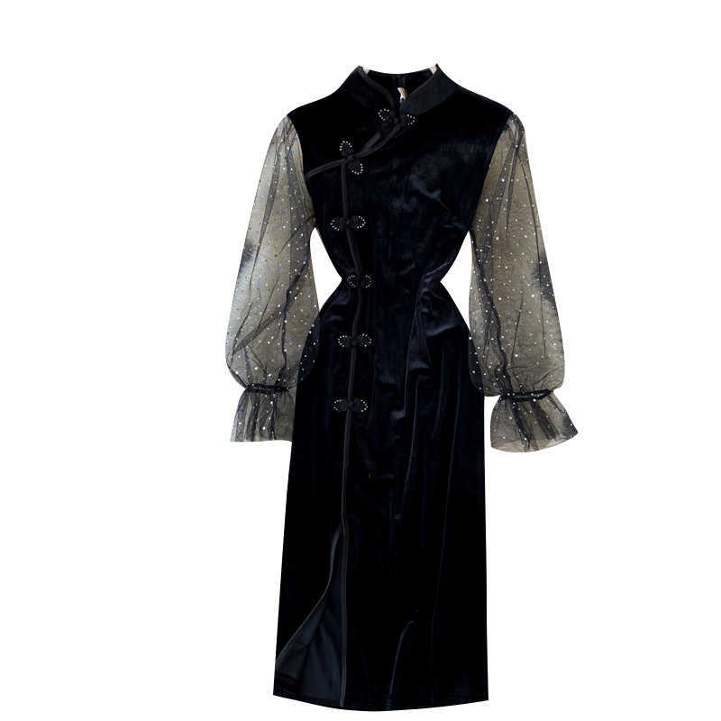 Lady Fashion Retro Velvet Cheongsam Improved Dress Women Autumn and Winter Mesh Long Sleeve Elegant Vestidos P879 210527